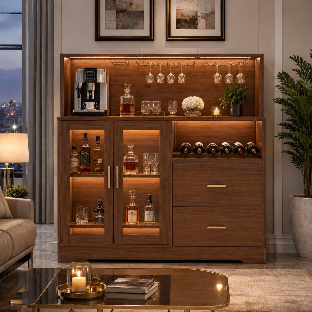 Wine Bar Cabinet with LED Light & Charging Station, Home Coffee Bar Cabinet with Wine Rack and Glass Holder