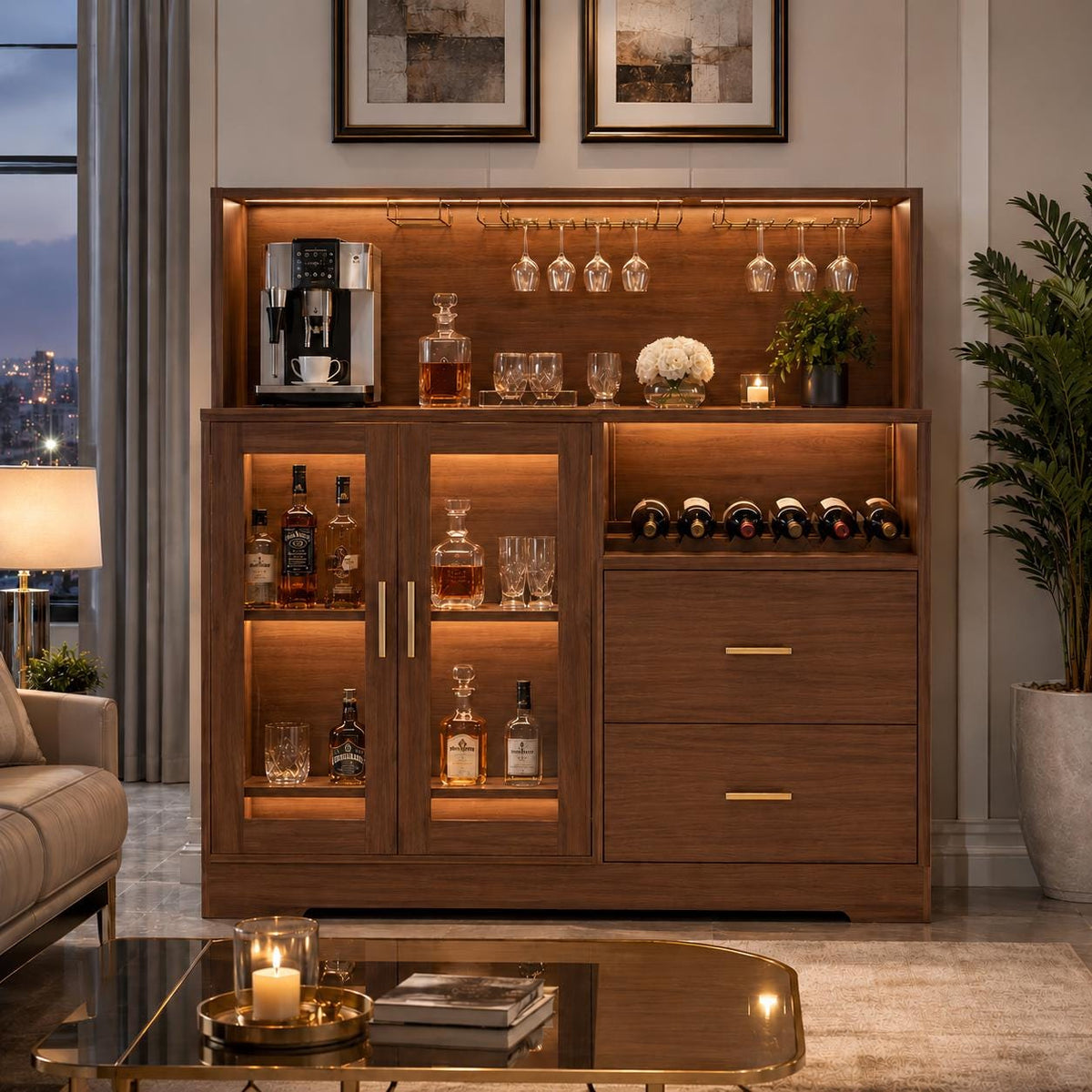 Wine Bar Cabinet with LED Light & Charging Station, Home Coffee Bar Cabinet with Wine Rack and Glass Holder