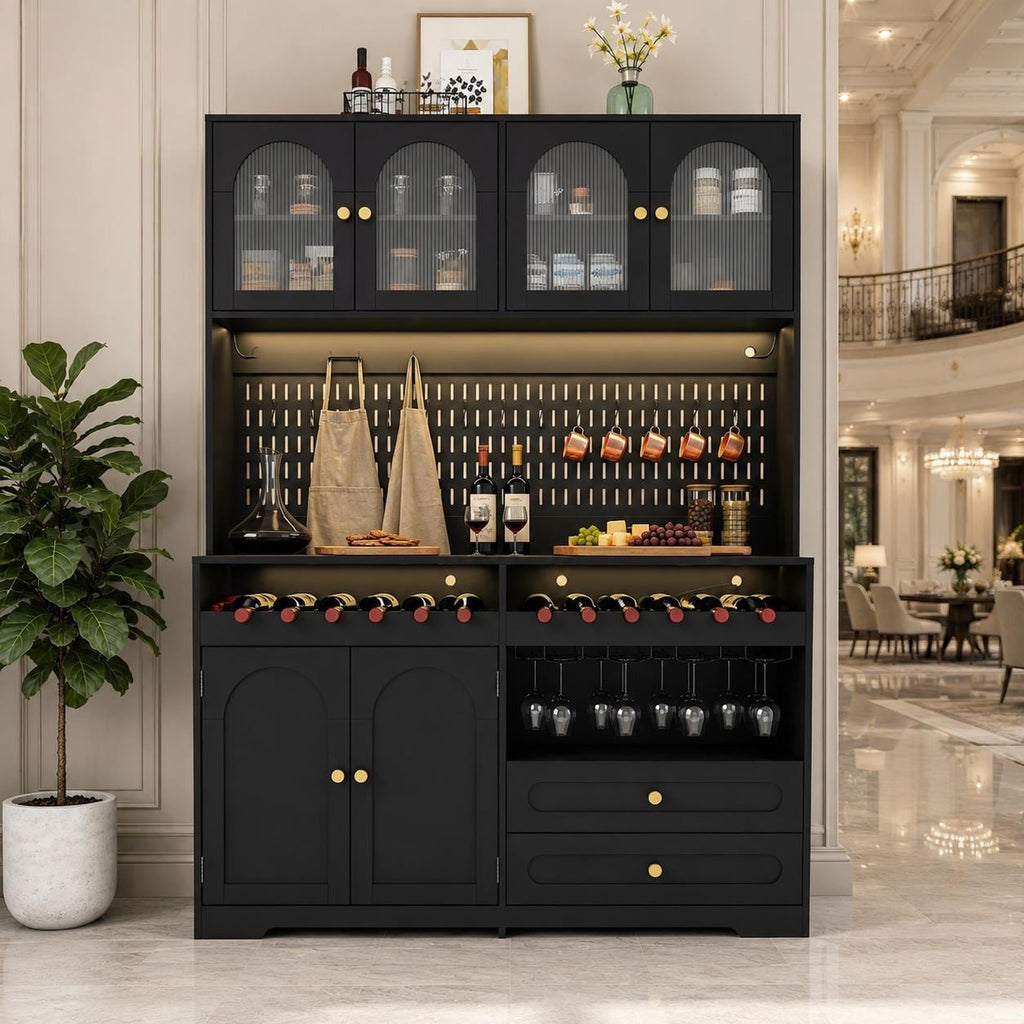 Modern Farmhouse Coffee Bar & Wine Cabinet with LED Lights  Charging Station