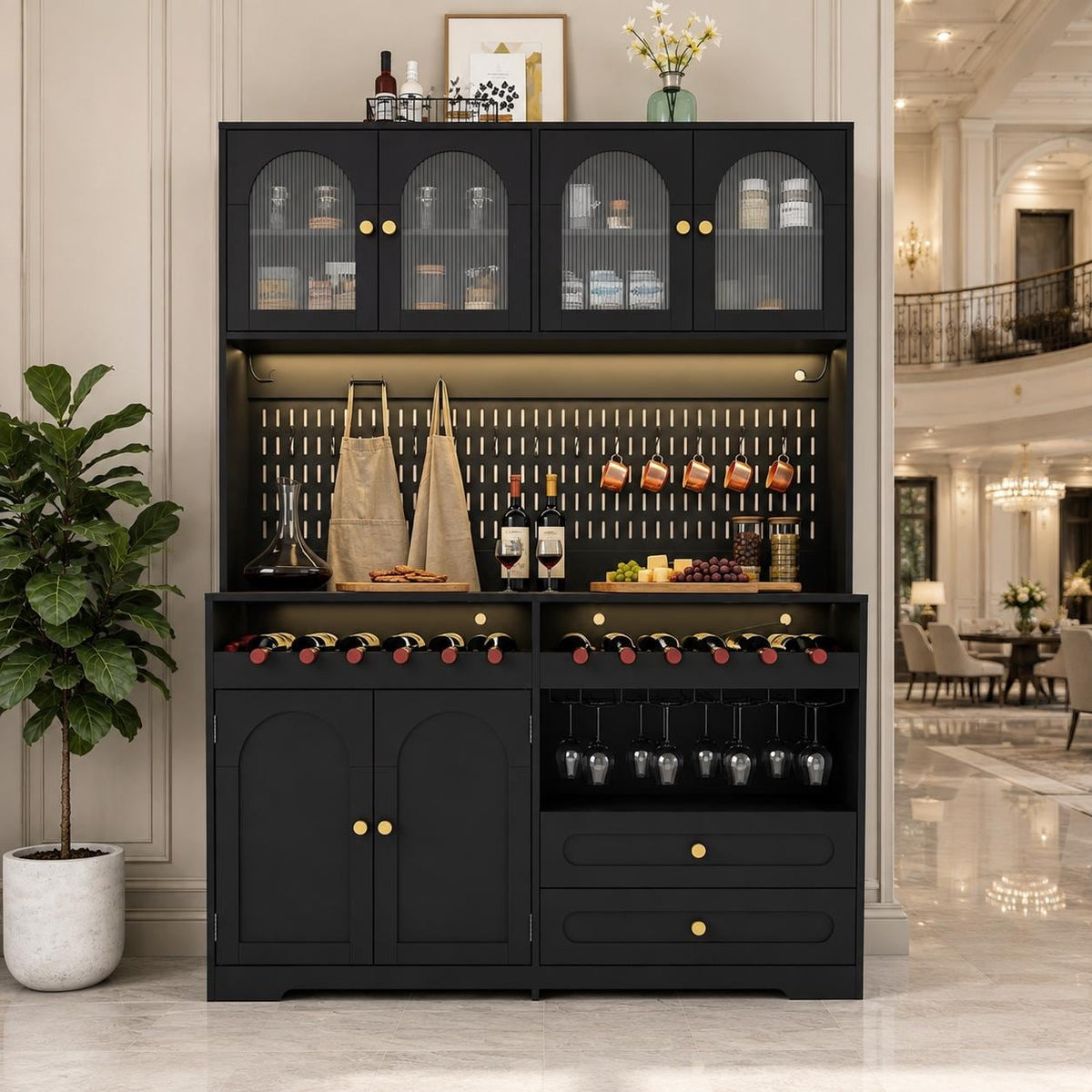 Modern Farmhouse Coffee Bar & Wine Cabinet with LED Lights  Charging Station