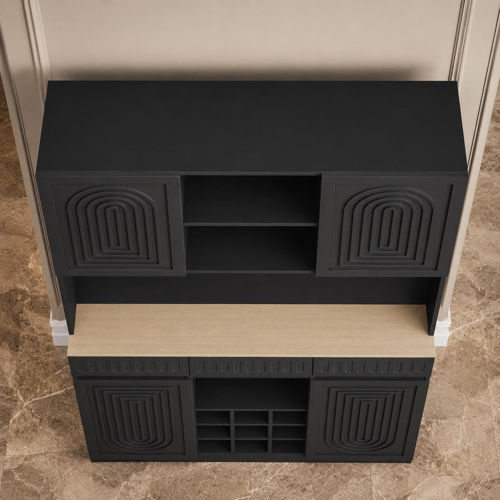 Modern Fluted Wine Bar Cabinet with RGB LED Lights, Charging Station, Wine Rack
