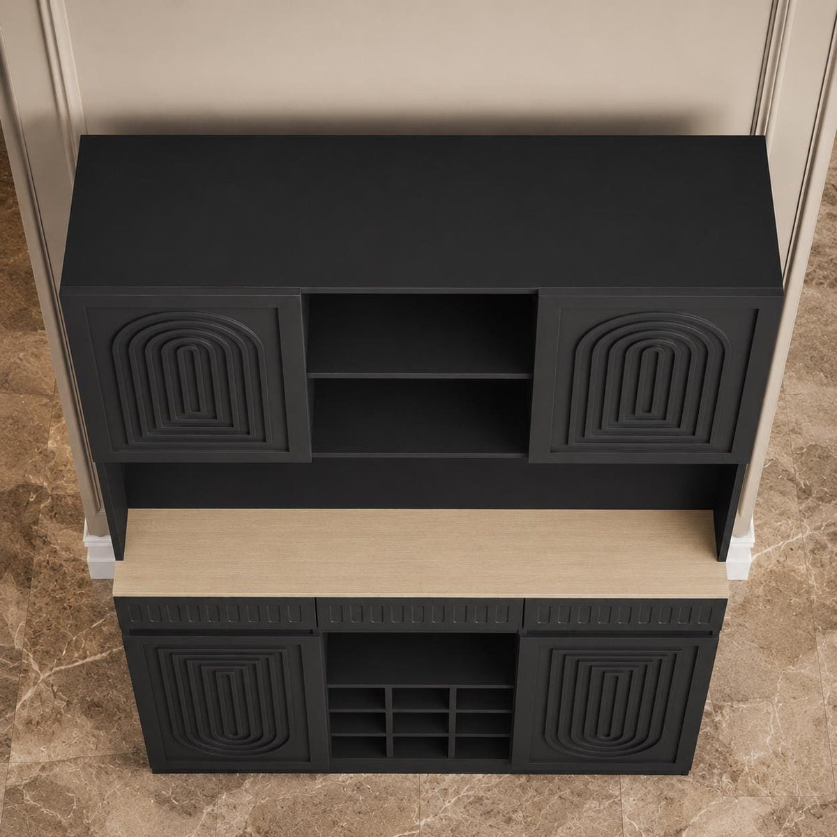 Modern Fluted Wine Bar Cabinet with RGB LED Lights, Charging Station, Wine Rack