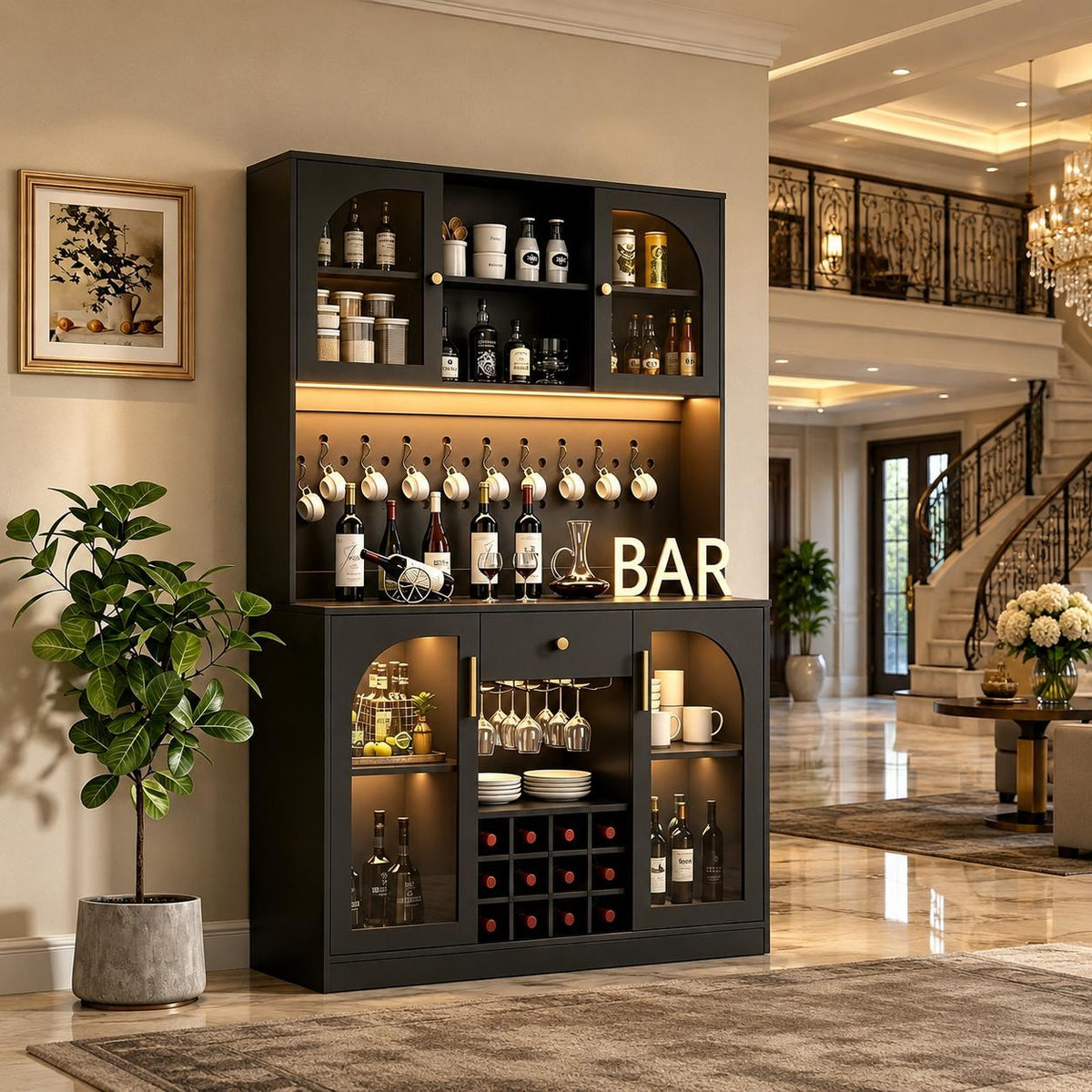 Modern Black Coffee Bar Cabinet, RGB LED Wine Rack, Pegboard Storage, 72 Inch Tall
