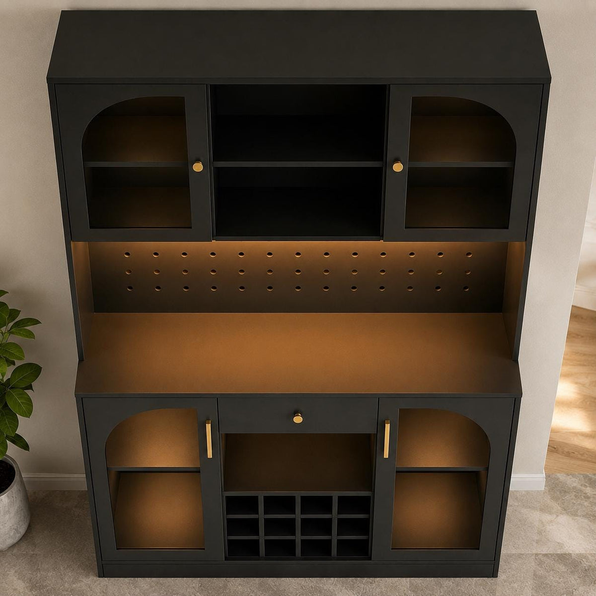 Modern Black Coffee Bar Cabinet, RGB LED Wine Rack, Pegboard Storage, 72 Inch Tall