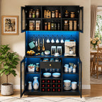 Modern Black Coffee Bar Cabinet, RGB LED Wine Rack, Pegboard Storage, 72 Inch Tall