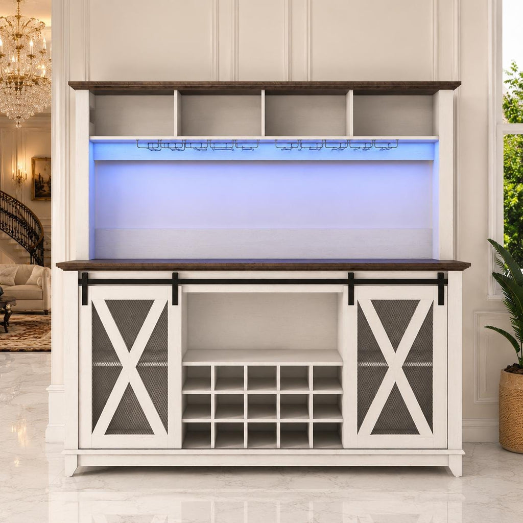 63" Farmhouse Coffee Bar Cabinet with LED Lights & Sliding Barn Doors