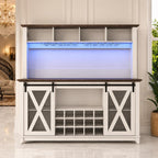 63" Farmhouse Coffee Bar Cabinet with LED Lights & Sliding Barn Doors