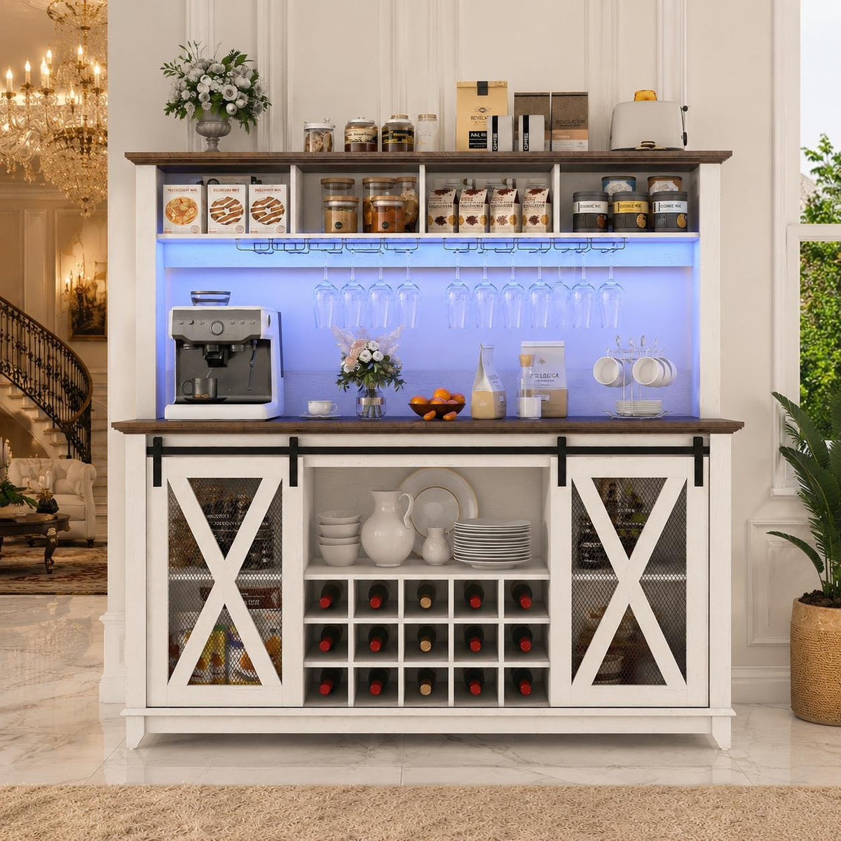 63" Farmhouse Coffee Bar Cabinet with LED Lights & Sliding Barn Doors