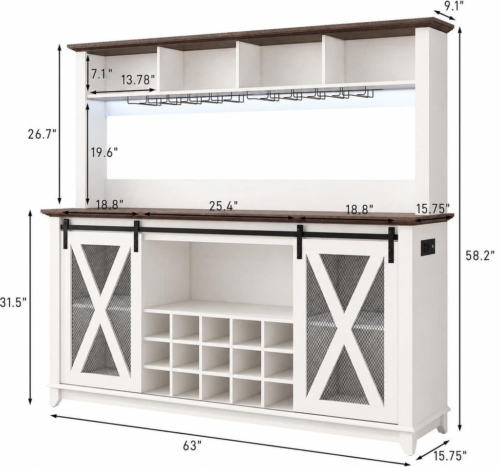 63" Farmhouse Coffee Bar Cabinet with LED Lights & Sliding Barn Doors