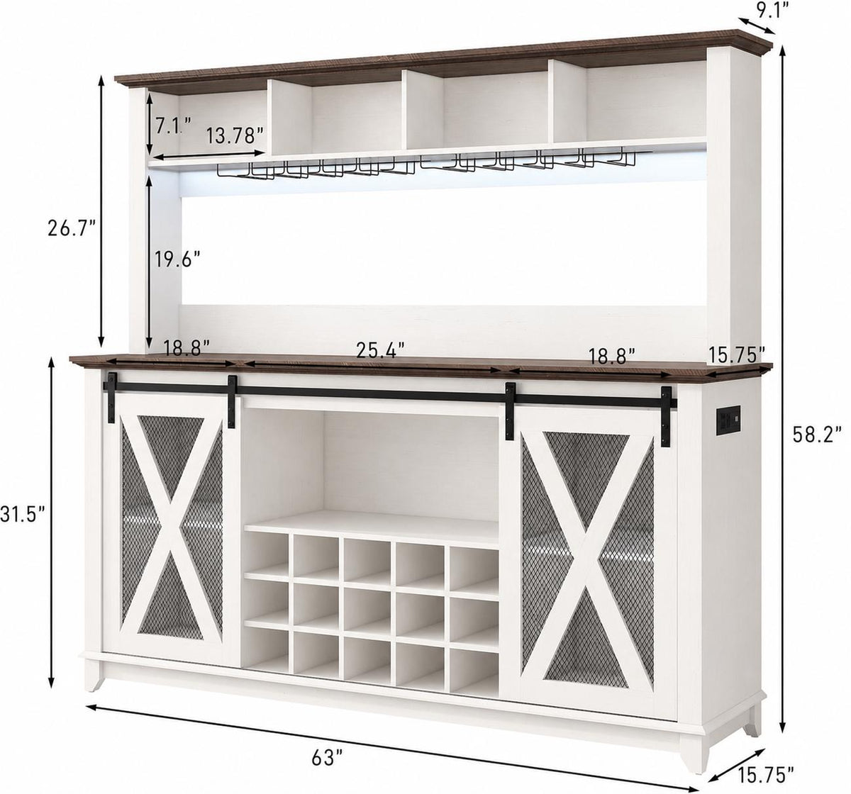 63" Farmhouse Coffee Bar Cabinet with LED Lights & Sliding Barn Doors