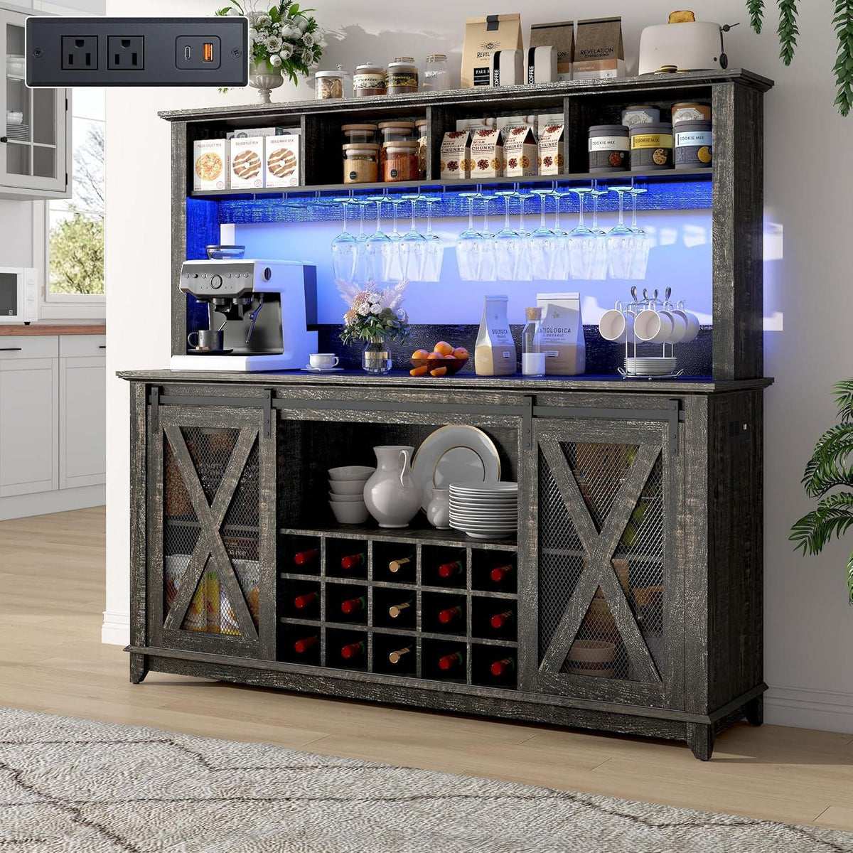 63" Farmhouse Coffee Bar Cabinet with LED Lights & Sliding Barn Doors
