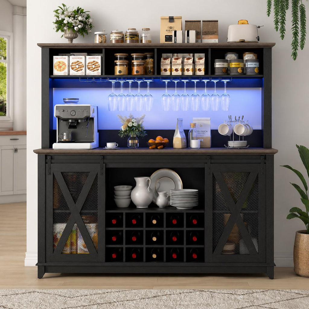 63" Farmhouse Coffee Bar Cabinet with LED Lights & Sliding Barn Doors