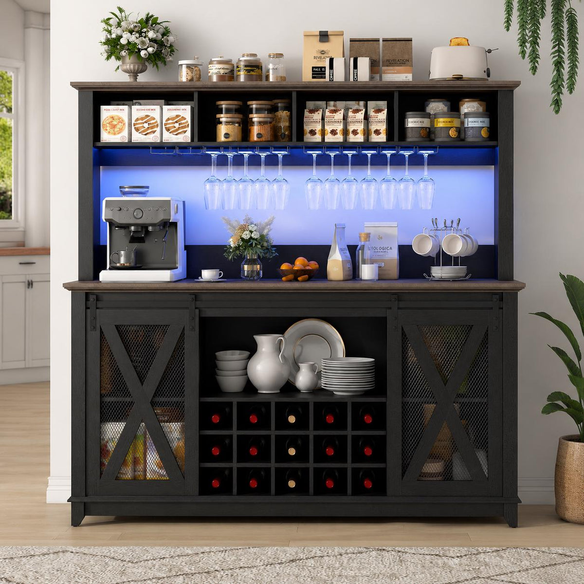 63" Farmhouse Coffee Bar Cabinet with LED Lights & Sliding Barn Doors