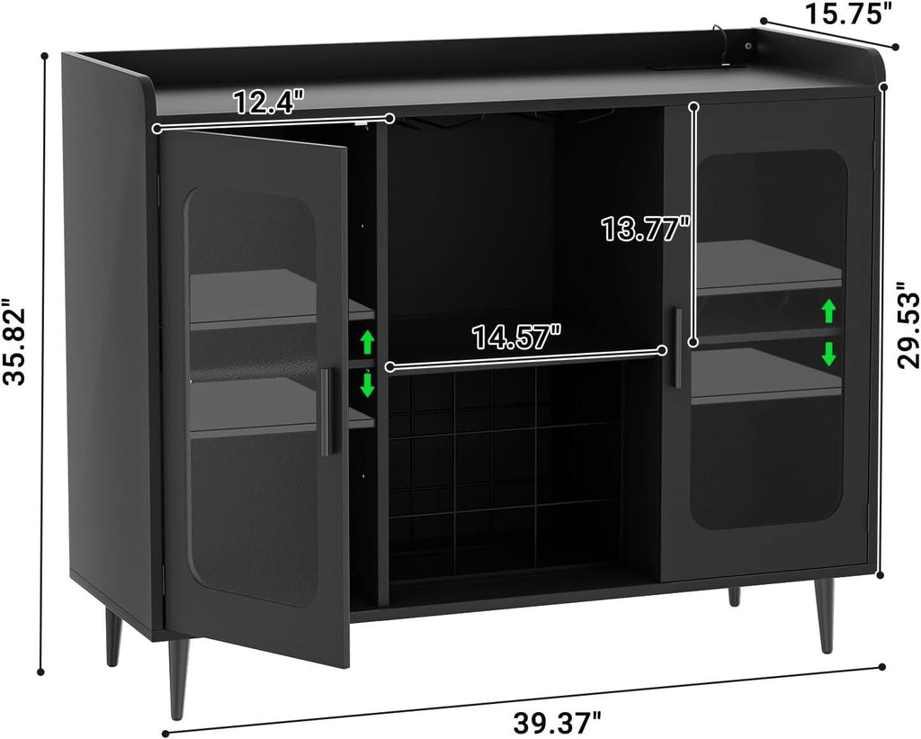 Modern Wine Bar Cabinet with LED Lights & Charging Station – Black Storage Console
