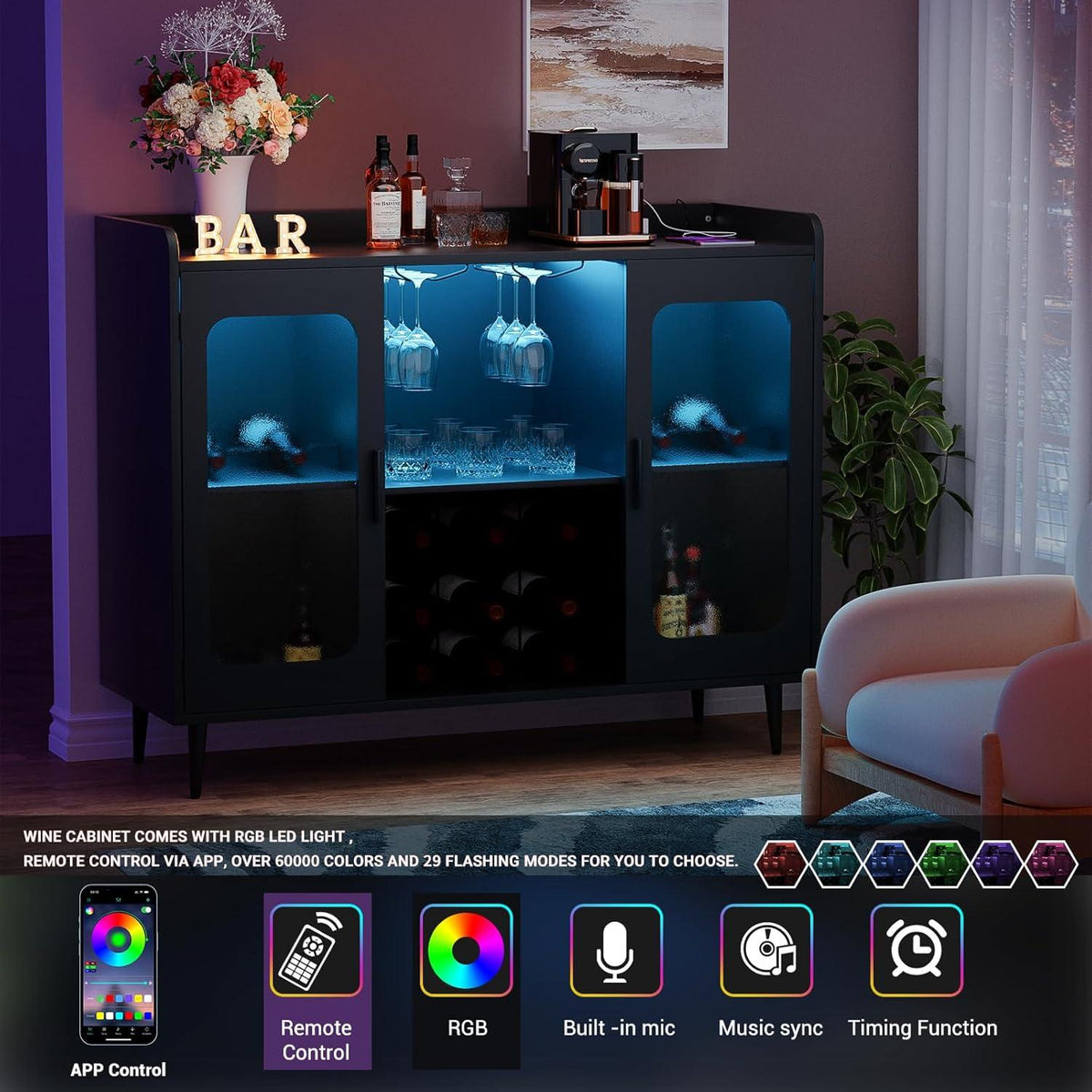 Modern Wine Bar Cabinet with LED Lights & Charging Station – Black Storage Console