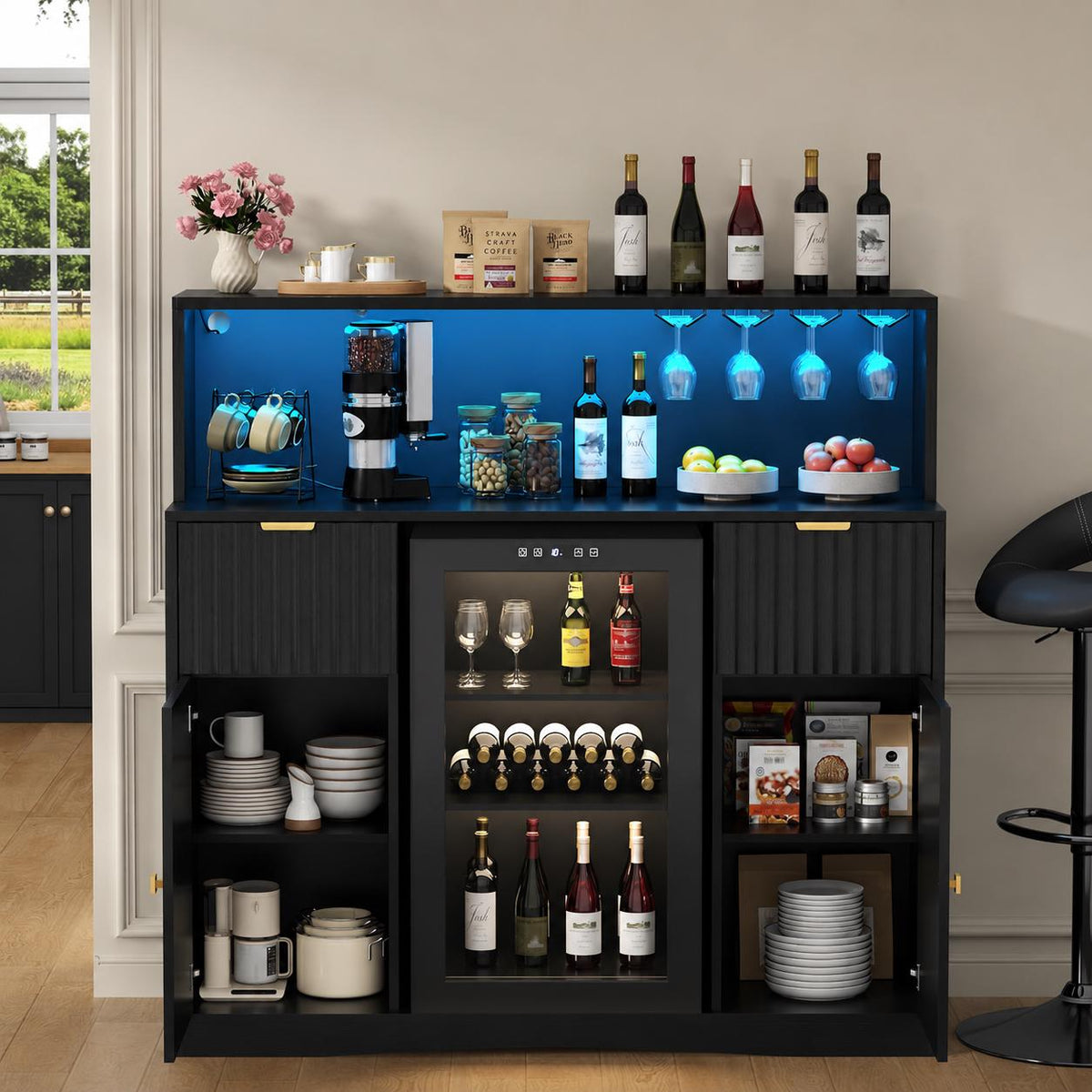 Modern Fluted Wine Cabinet with Fridge Space, LED, Charging Station, Black Coffee Bar