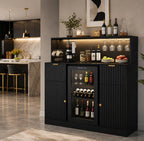 Modern Fluted Wine Cabinet with Fridge Space, LED, Charging Station, Black Coffee Bar