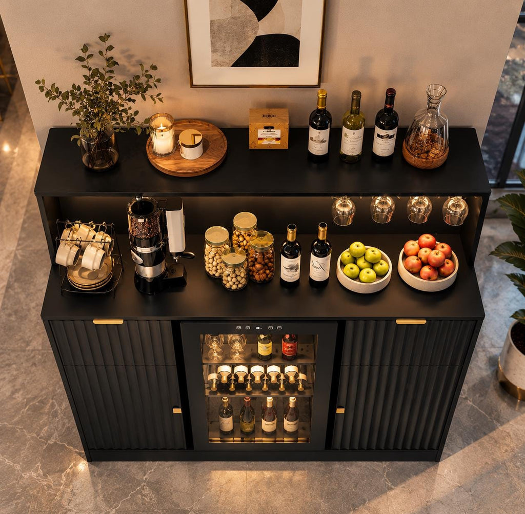 Modern Fluted Wine Cabinet with Fridge Space, LED, Charging Station, Black Coffee Bar