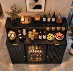 Modern Fluted Wine Cabinet with Fridge Space, LED, Charging Station, Black Coffee Bar