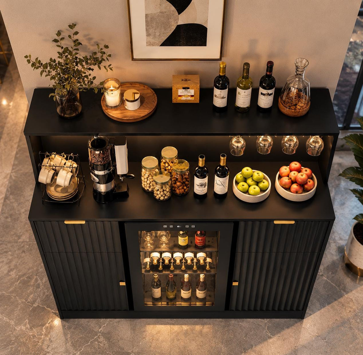 Modern Fluted Wine Cabinet with Fridge Space, LED, Charging Station, Black Coffee Bar