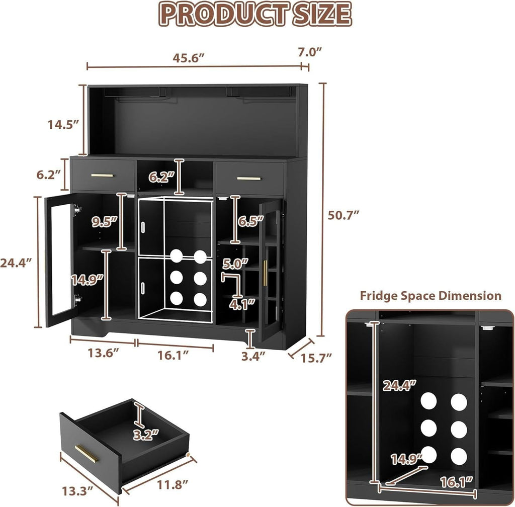 Modern Coffee Bar Cabinet with Mini Fridge Space, LED Wine Bar Storage Drawers