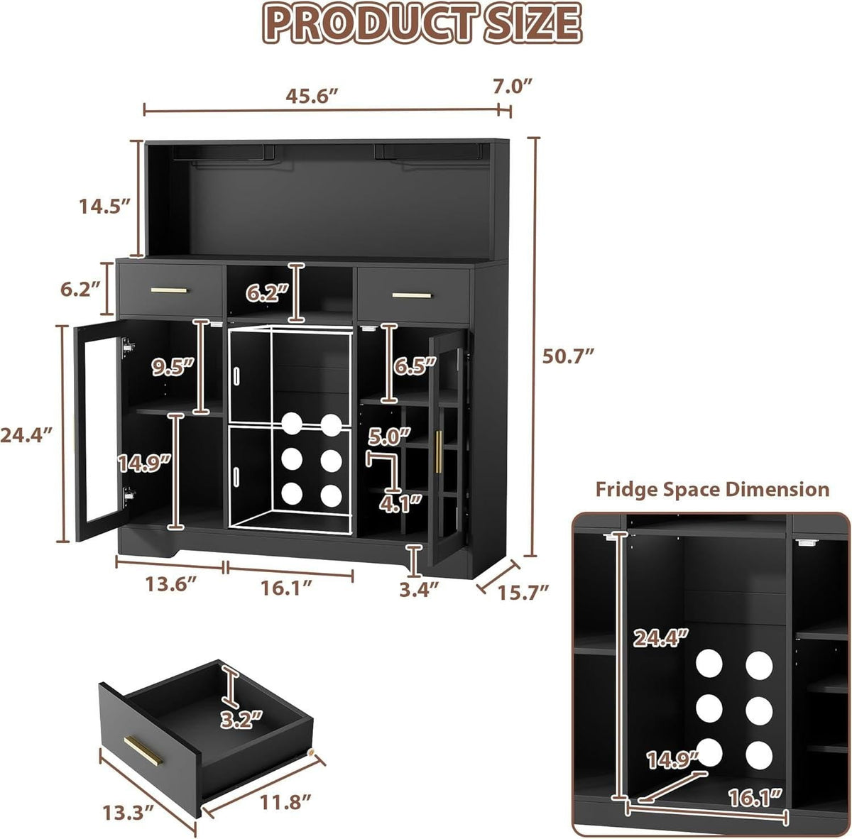 Modern Coffee Bar Cabinet with Mini Fridge Space, LED Wine Bar Storage Drawers