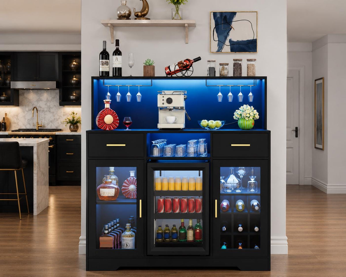Modern Coffee Bar Cabinet with Mini Fridge Space, LED Wine Bar Storage Drawers