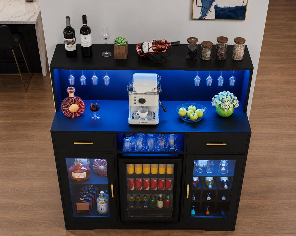 Modern Coffee Bar Cabinet with Mini Fridge Space, LED Wine Bar Storage Drawers