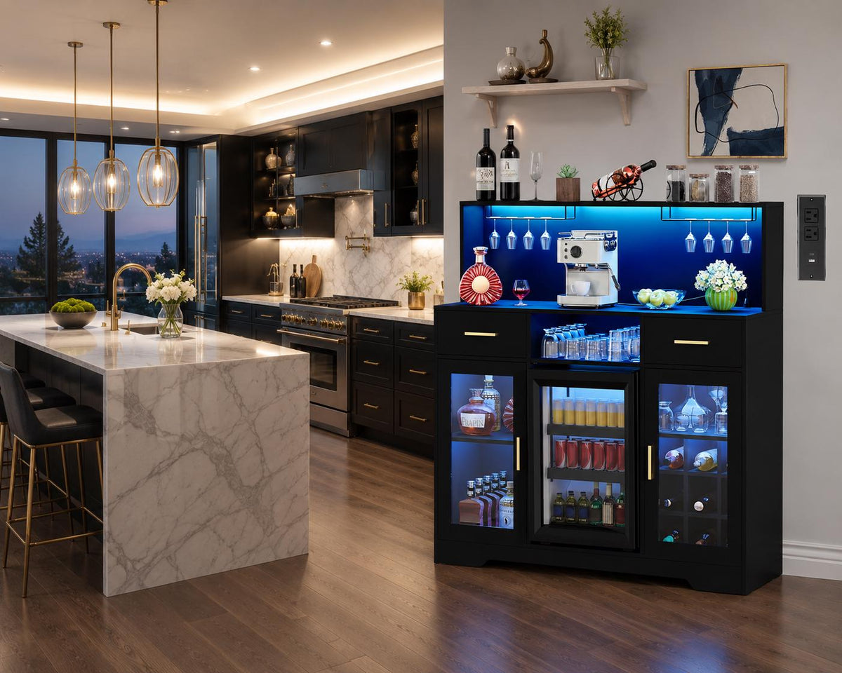 Modern Coffee Bar Cabinet with Mini Fridge Space, LED Wine Bar Storage Drawers
