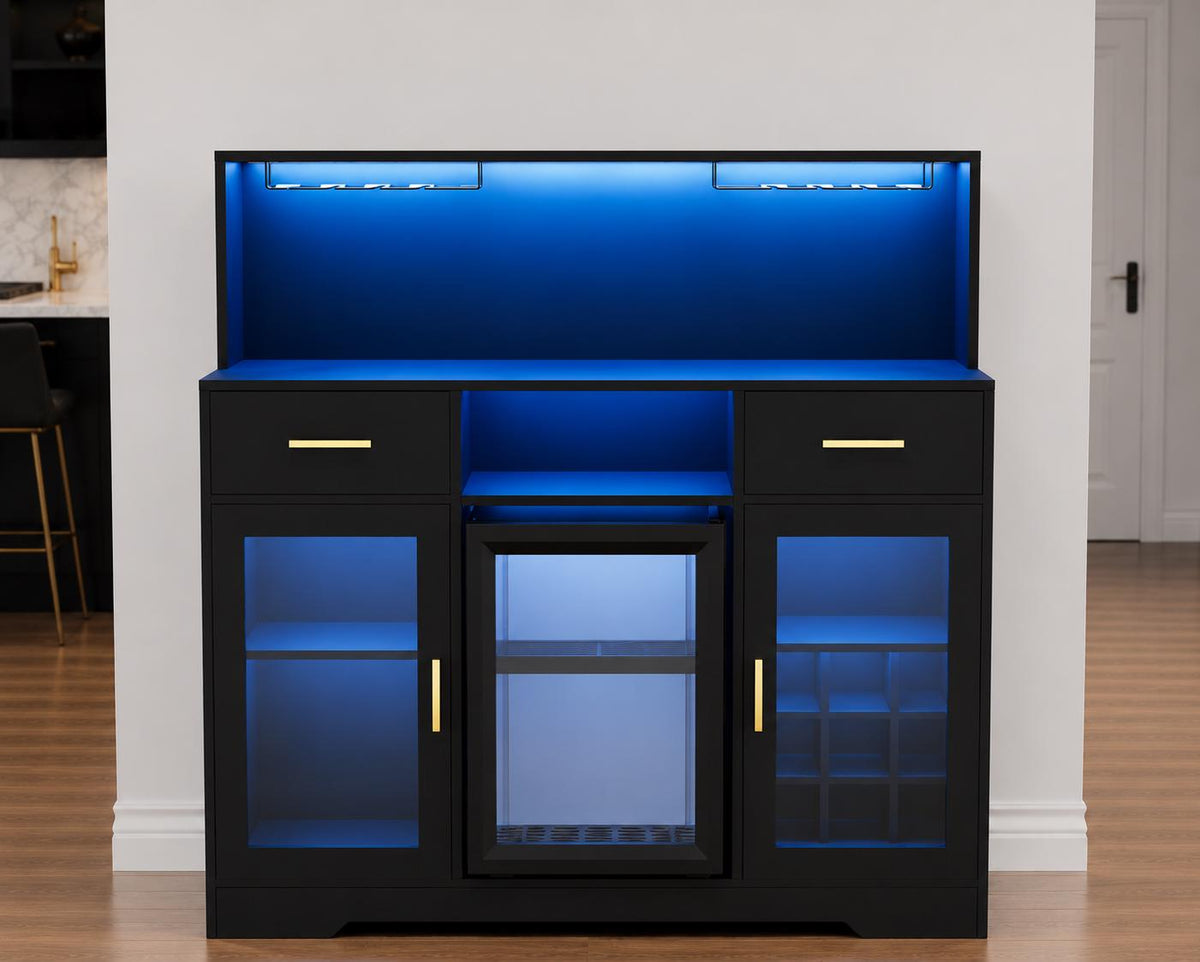 Modern Coffee Bar Cabinet with Mini Fridge Space, LED Wine Bar Storage Drawers