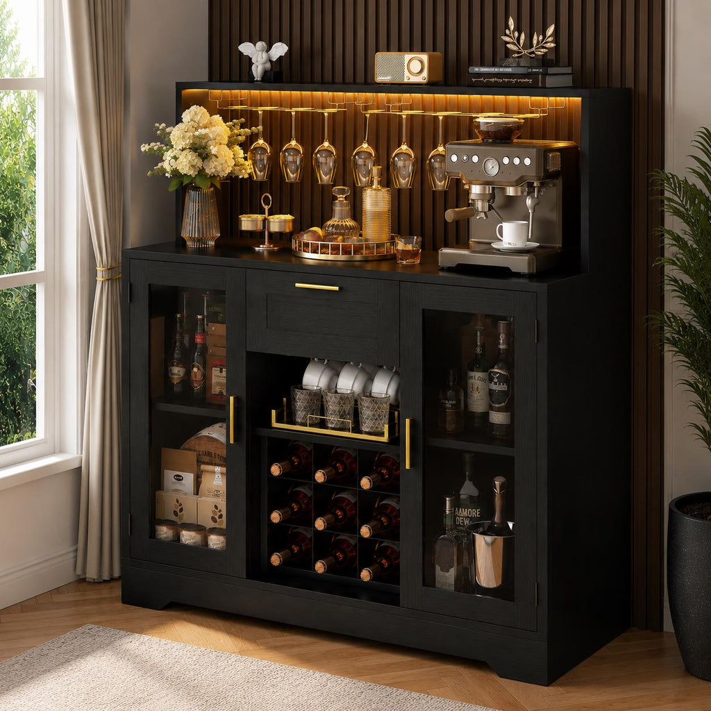 Modern Black Bar Cabinet with LED Lights, Wine Rack, Glass Holder, Storage Sideboard