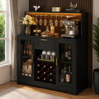 Modern Black Bar Cabinet with LED Lights, Wine Rack, Glass Holder, Storage Sideboard