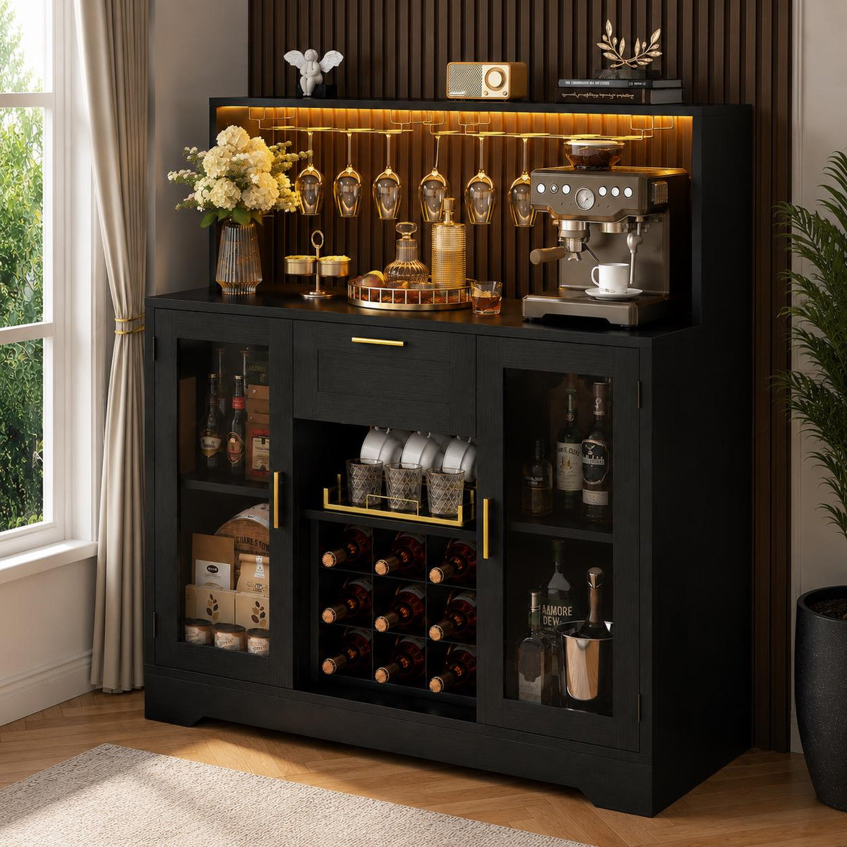 Modern Black Bar Cabinet with LED Lights, Wine Rack, Glass Holder, Storage Sideboard