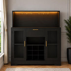 Modern Black Bar Cabinet with LED Lights, Wine Rack, Glass Holder, Storage Sideboard