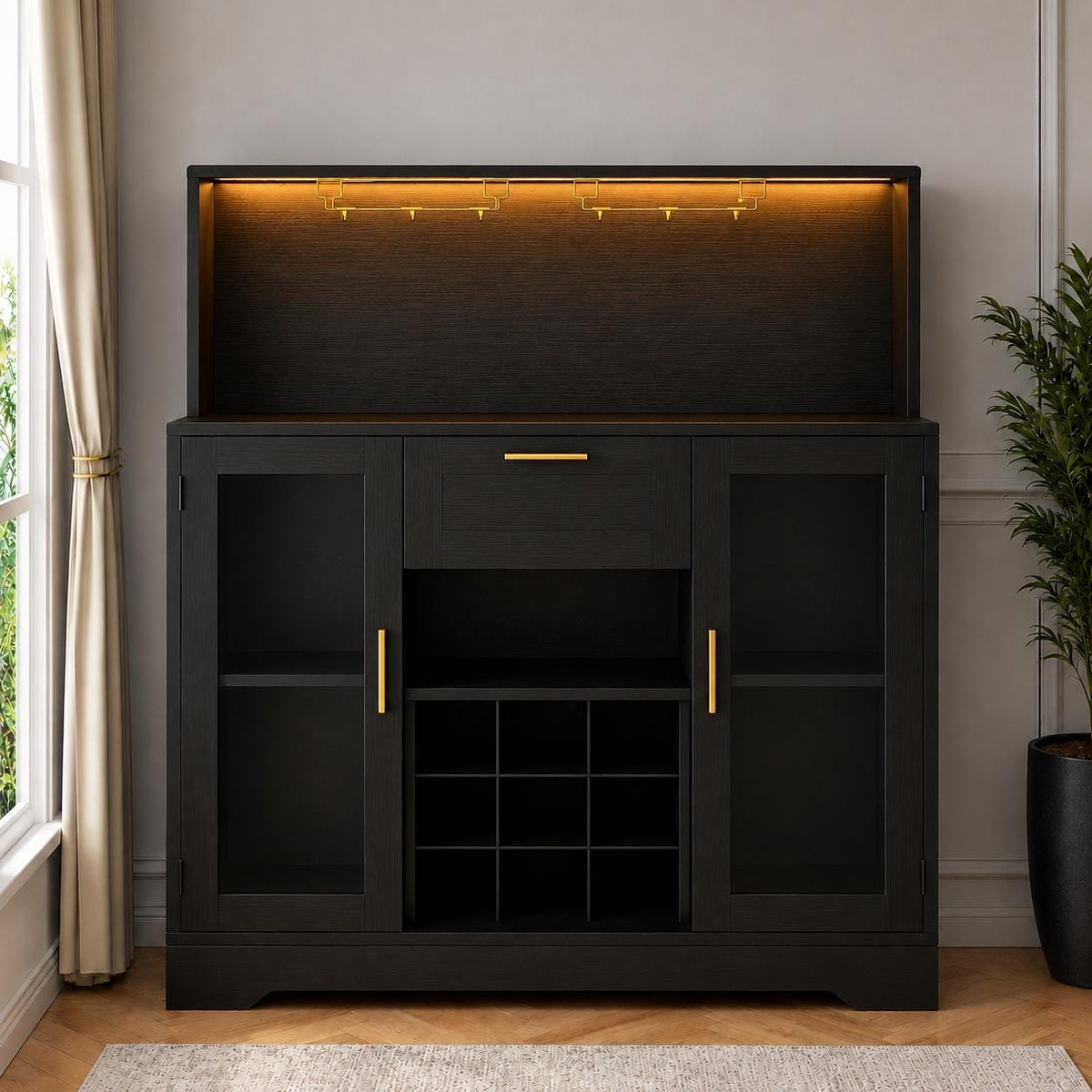 Modern Black Bar Cabinet with LED Lights, Wine Rack, Glass Holder, Storage Sideboard