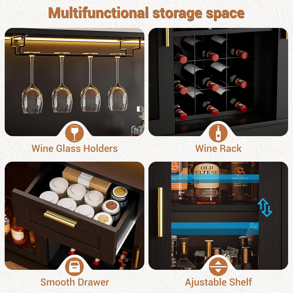 Modern Black Bar Cabinet with LED Lights, Wine Rack, Glass Holder, Storage Sideboard