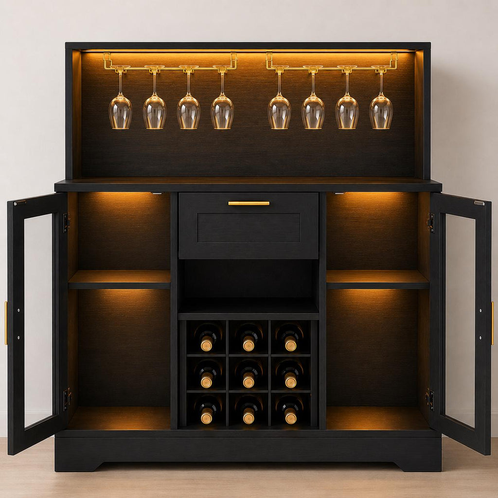 Modern Black Bar Cabinet with LED Lights, Wine Rack, Glass Holder, Storage Sideboard