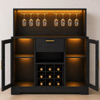 Modern Black Bar Cabinet with LED Lights, Wine Rack, Glass Holder, Storage Sideboard