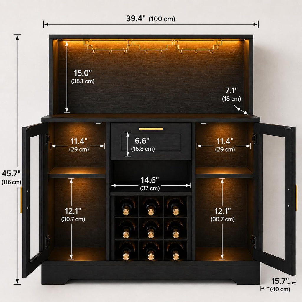 Modern Black Bar Cabinet with LED Lights, Wine Rack, Glass Holder, Storage Sideboard