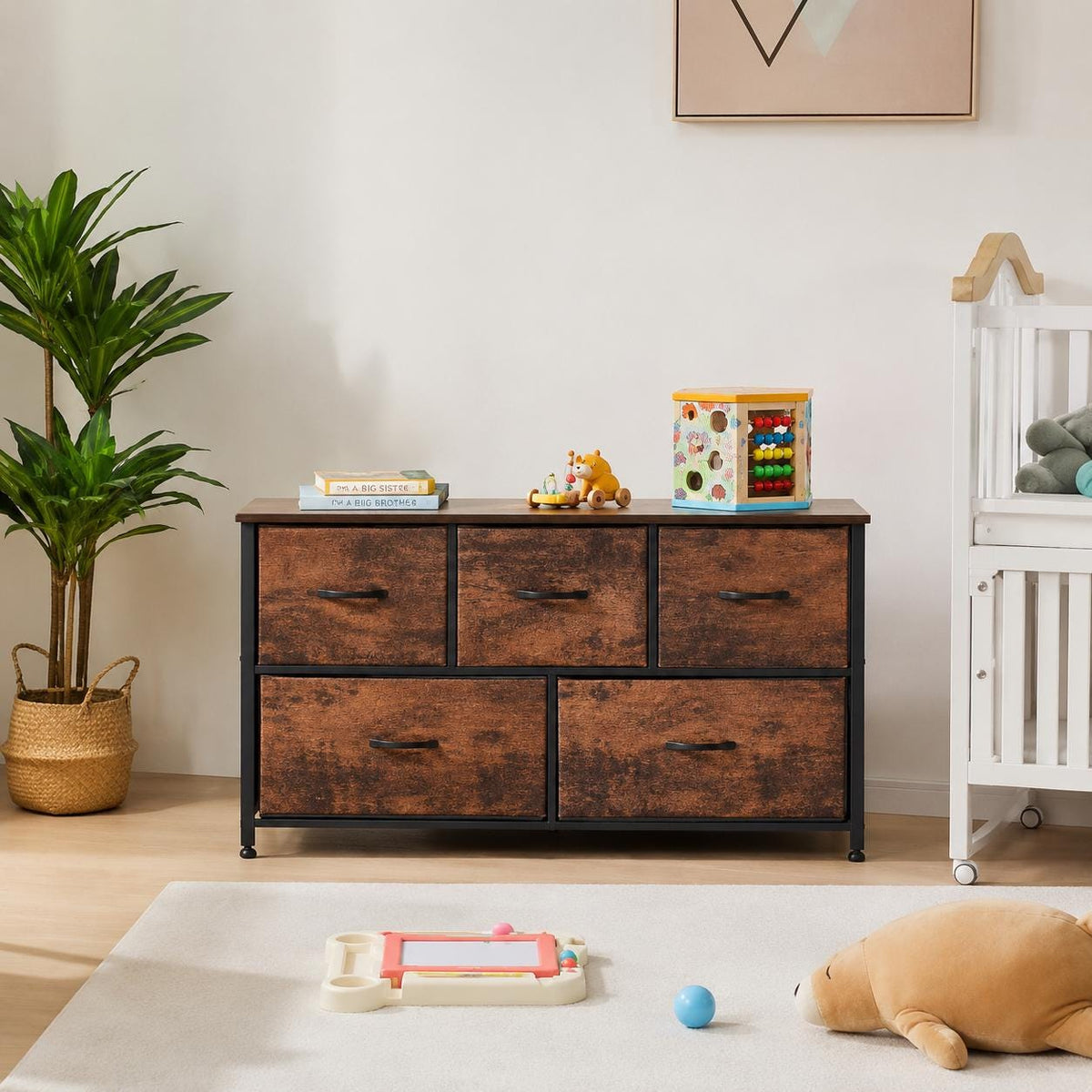 Rustic 5-Drawer Fabric Dresser, Farmhouse Storage Cabinet with Wooden Top