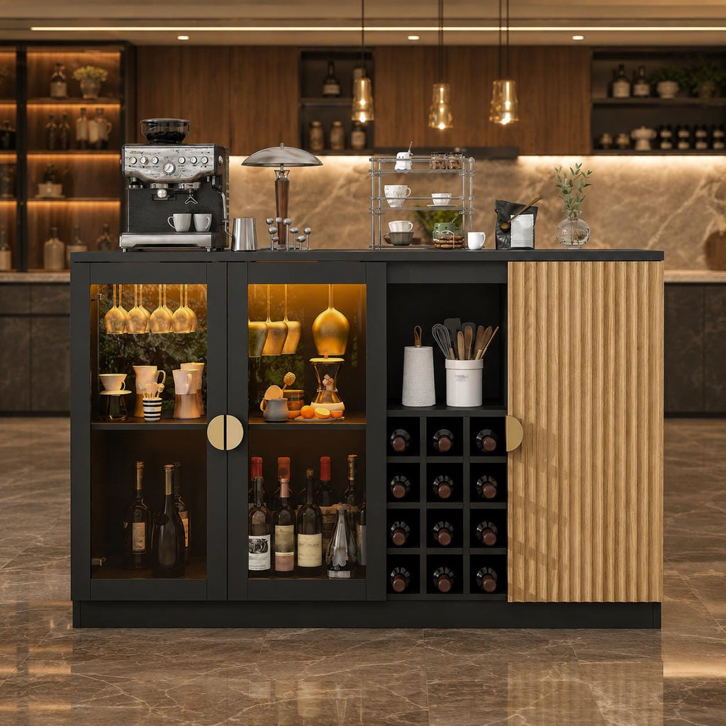 Modern LED Wine Bar Cabinet with Glass Doors & Storage
