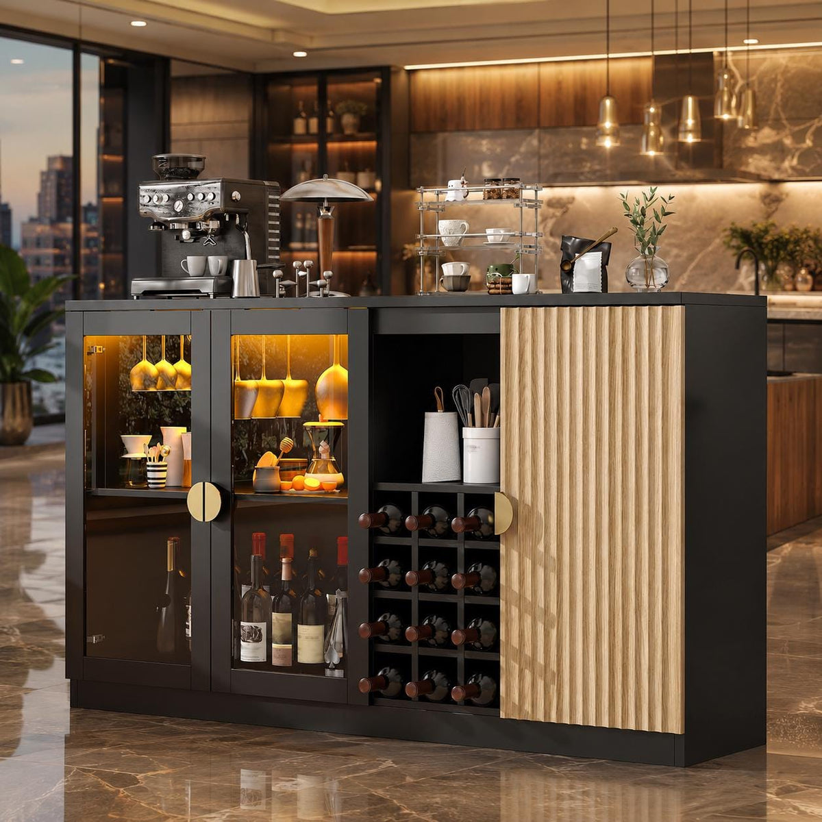 Modern LED Wine Bar Cabinet with Glass Doors & Storage