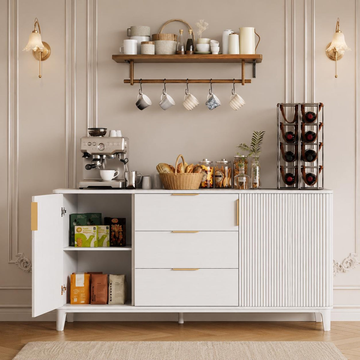 Modern Fluted Sideboard Cabinet, Mid-Century Wood Storage Buffet