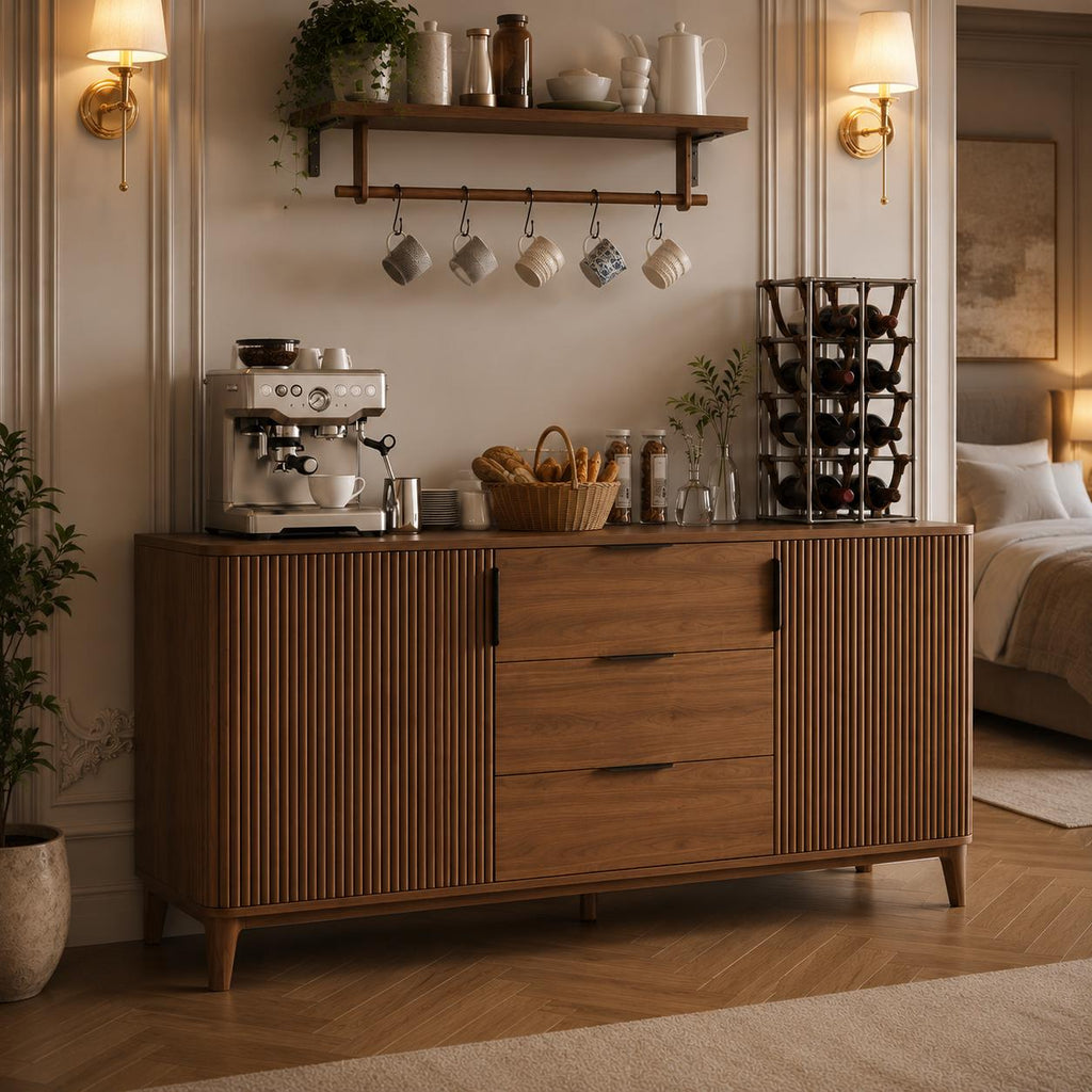 Modern Fluted Sideboard Cabinet, Mid-Century Wood Storage Buffet