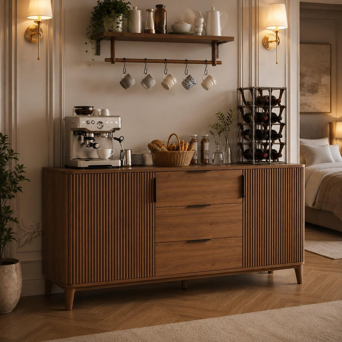 Modern Fluted Sideboard Cabinet, Mid-Century Wood Storage Buffet