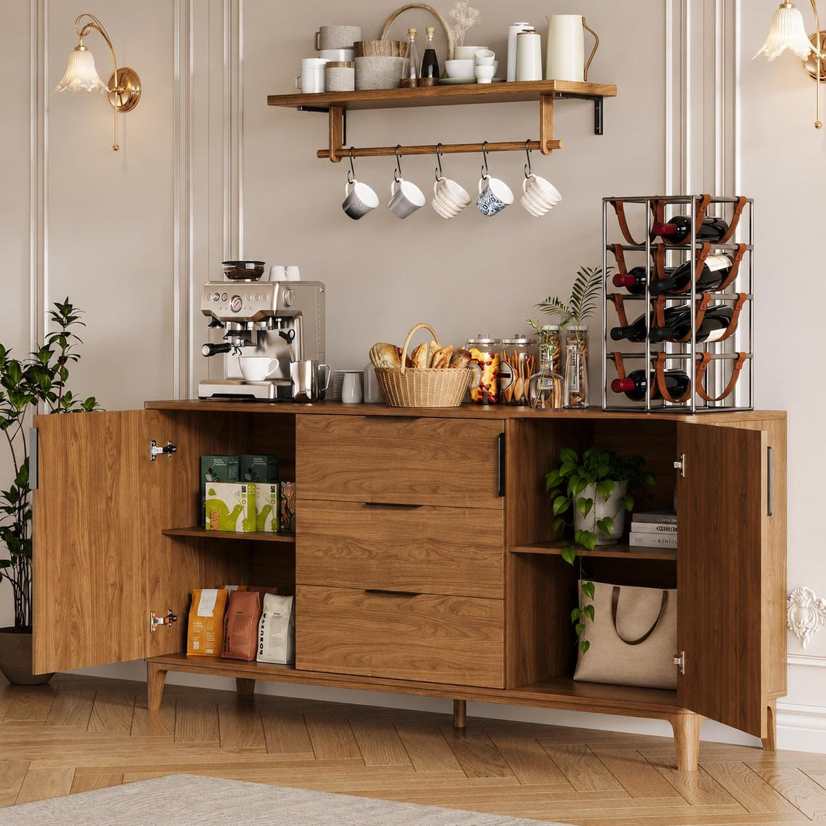 Modern Fluted Sideboard Cabinet, Mid-Century Wood Storage Buffet