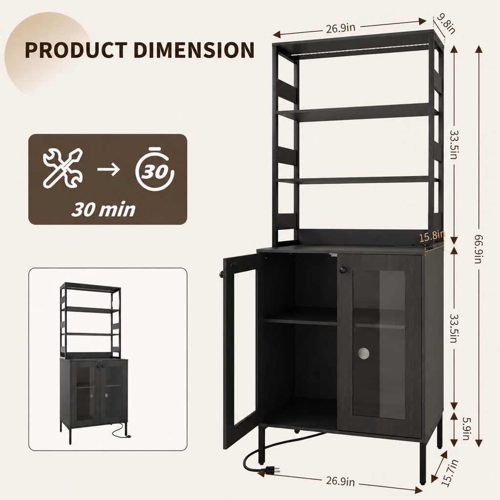 Farmhouse Coffee Bar Cabinet, RGB LED Lights, Built-In Charging Station, Glass Doors