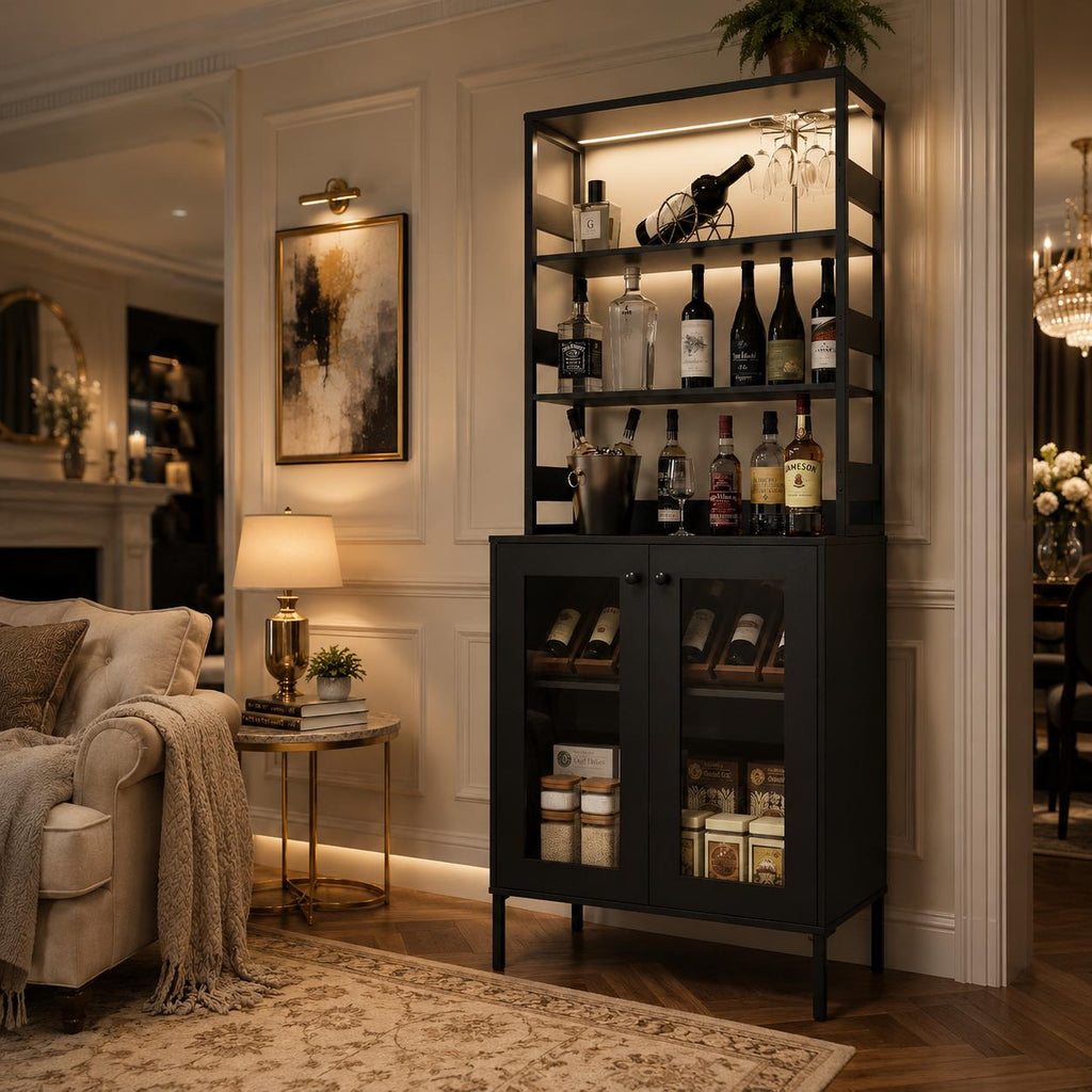 Farmhouse Coffee Bar Cabinet, RGB LED Lights, Built-In Charging Station, Glass Doors