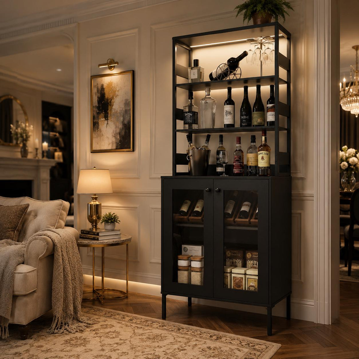 Farmhouse Coffee Bar Cabinet, RGB LED Lights, Built-In Charging Station, Glass Doors