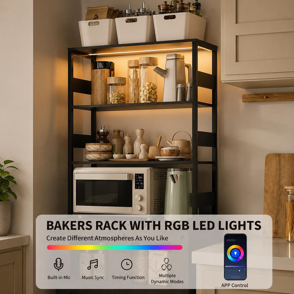 Farmhouse Coffee Bar Cabinet, RGB LED Lights, Built-In Charging Station, Glass Doors